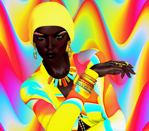 African model posing against a bright abstract background.