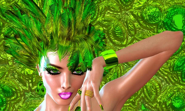 Yeşil tüyleri bir dijital moda model başkanı süslüyor.