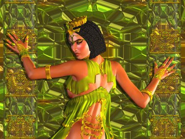 Duvara karşı karşıya örgüler ile baştan çıkarıcı kadın. Altın ve yeşil arka plan.