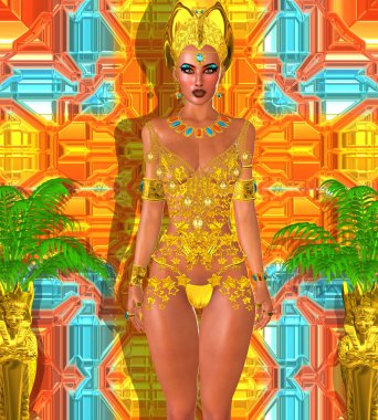 Renkli bir arka plan şeffaf altın yıldız üst ve bikini alt poz güzel Mısır kadın.