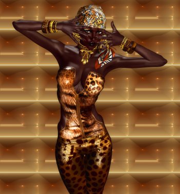 Afrikalı-Amerikalı kadın güzel kozmetik ve baş eşarp leopar baskı moda. Modern Vogue poz.