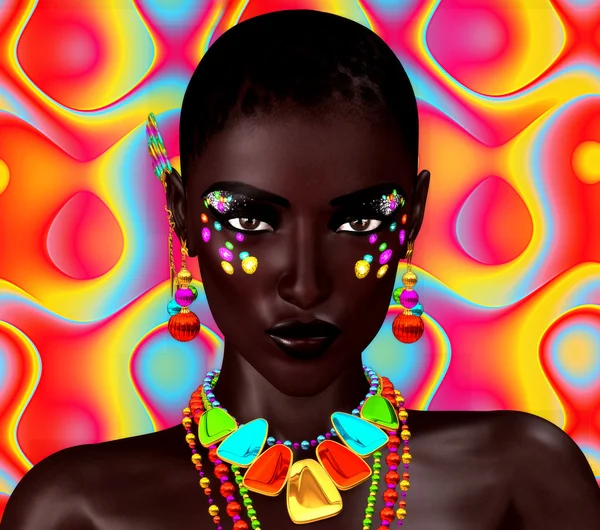 美丽的黑人女人在彩色背景上。强大的脸艺术和化妆品. — 图库照片