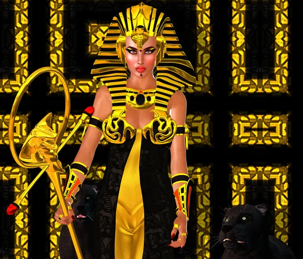 Egyptische vrouw farao met black panther. Moderne digitale kunst fantasie. Rechtenvrije Stockafbeeldingen