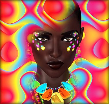 Güzel siyah bir kadın renkli arka plan üzerinde dijital sanat.