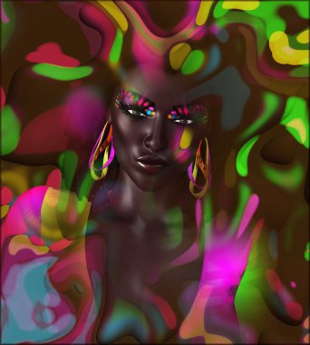 Güzel siyah bir kadın renkli arka plan üzerinde dijital sanat.