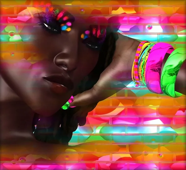 Schöne schwarze Frau auf buntem Hintergrund, abstrakte digitale Kunst. — Stockfoto