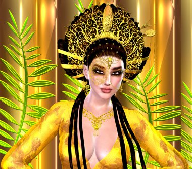 Asya Prenses ile altın taç altın ve yeşil bir arka plana dayanır. Modern dijital sanat güzellik, moda ve kozmetik.