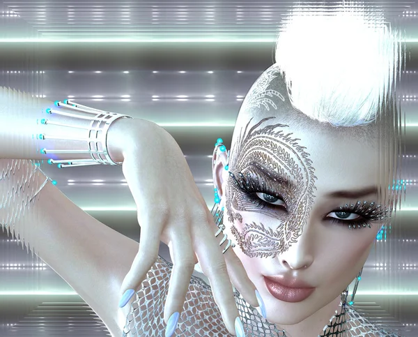 Dragon tattoo sci fi flicka med futuristiska outfit, Tuppkam och glödande abstrakt bakgrund. — Stockfoto