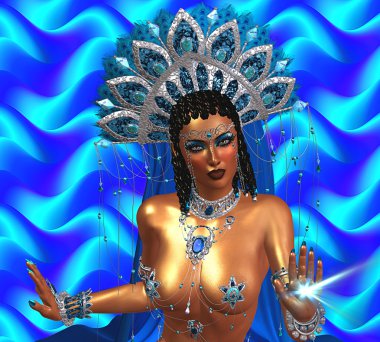 Asyalı kadın ile onun elini şifa ışık geliyor. Güzel bir yüzü, kozmetik, elmas ve mücevher bu Asyalı kız, soyut mavi arka plan dalga paterni ile hazır süslüyor.