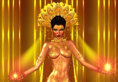 Manevi ışık bu büyülü Asya kadının elinden gelir. Altın mücevher vücudu süslüyor ve zenginlik ve güç bir tüy baş elbise sızar. Bakan gözleri ile çok güzel bir yüzün sahne tamamlar.