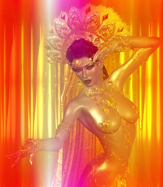 Asian woman with sexy body, belly dancing.  Beautiful face, cosmetics, diamonds and jewelry adorn this Asian girl, all set against an abstract gold background with glowing lights and unique pattern. — Stock Photo, Image