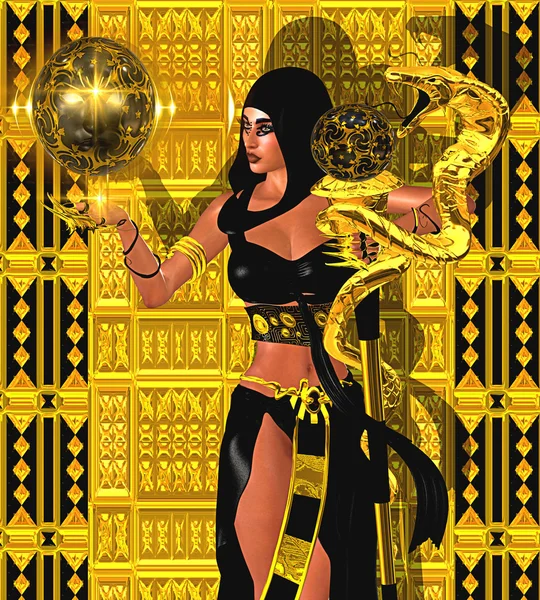 Magic woman with gold snake and mystical sphere of light. Wearing a black hood and outfit, she exudes mystery and magic. — Stock Photo, Image