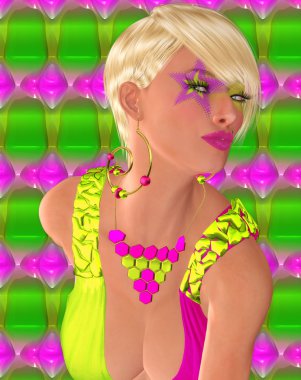 Yıldız göz makyajı ve kısa sarı saçlı punk bak bu modern dijital sanat modelin vurgulamak.