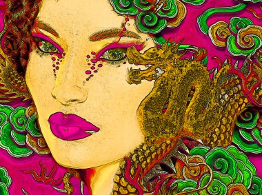 Ejderha dövme makyaj ile Asyalı kadın yüzü yukarı kapatın. Bu görüntü fantezi bakmak soyut renkli çizgi film efekti ekler.