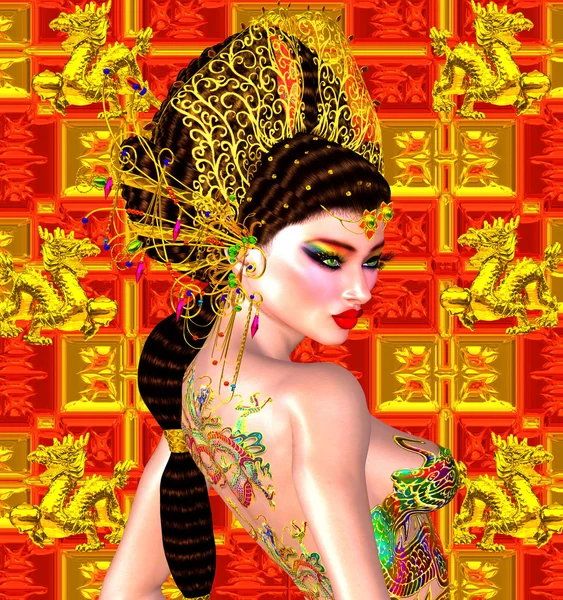 Asian beautiful woman, dragon tattoo on her back, colorful makeup and bra. Long black hair with gold crown and gemstones against a colorful  red background with gold dragons. — Stock Photo, Image