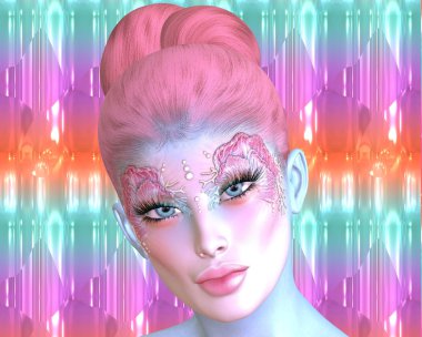 Deniz kızı, mitolojik bir modern dijital sanat tarzda olmak. Deniz kabukları ve kabarcıklar oluşturmak onun make up ve kozmetik. Güzel yüzünü bir renkli, soyut arka plan karşı yakındır.