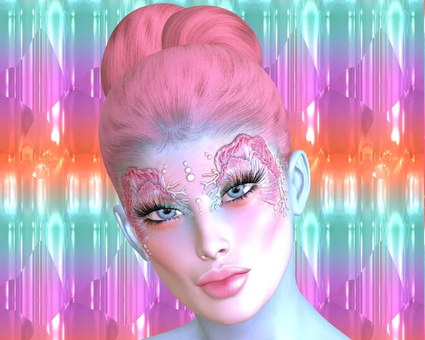 Sjöjungfrun, den mytologiska är i modern digital konst stil. Snäckskal och bubblor skapar hennes make up och kosmetika. Hennes vackra ansikte är nära upp mot en färgglad, abstrakt bakgrund. — Stockfoto