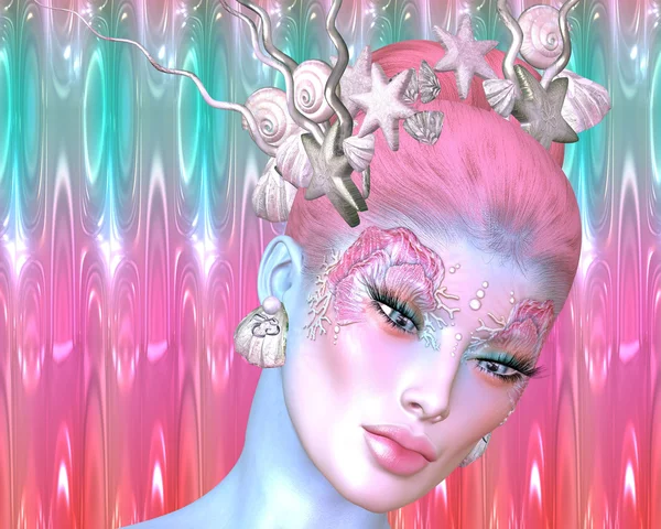 Sirena, el ser mitológico en un estilo de arte digital moderno. Las conchas marinas y los peces estrella decoran su cabello, así como el diseño de su maquillaje de ojos. Hermosa cara, de cerca . — Foto de Stock