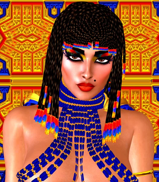Kleopatra veya herhangi bir Mısırlı kadın firavun. Modern dijital sanat fantezi. Altın ve mavi arka plan ayarla