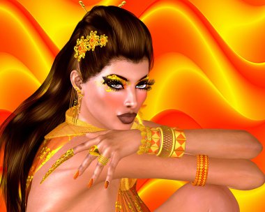 Esmer güzellik ve moda, soyut turuncu dalgalar arka plan dijital modeli.