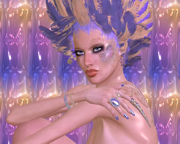 Modern digital art beauty and fashion fantasy scene with purple and gold feathers. — Stock Photo, Image