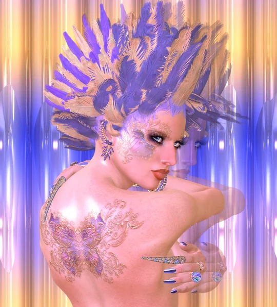 Vlinder meisje. Moderne digitale kunst schoonheid en mode fantasie scène met paarse en gouden veren. — Stockfoto