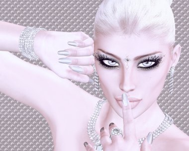 Blonde beauty against a silver abstract background. Pearl earrings, jewelry and a matching dress all against a modern digital art background