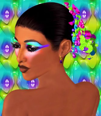 Renkli çiçek saç tokası, makyaj ve eşleşen arka plan ile dijital sanat modeli.