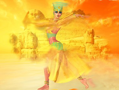 Çöl Fırtınası Sfenks ve Antik Mısır kadın arka planda Harabeleri.