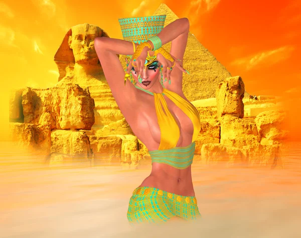 Egyptische vrouw in woestijn zandstorm met sphinx en oude ruïnes in de achtergrond. — Stockfoto