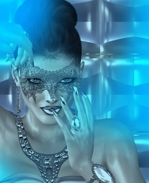 Maskerade Maske Frau und abstrakte blaue Dämmerung Hintergrund. — Stockfoto