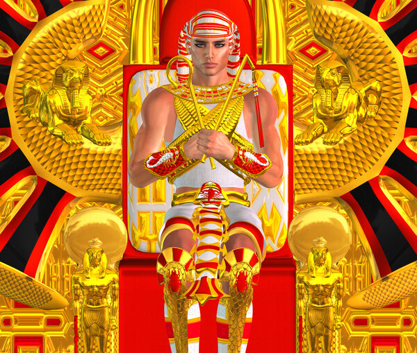 Egyptian Pharaoh Ramses seated on throne. A modern digital art version of an ancient Egyptian king.