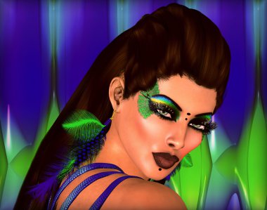 Güzel bir kadın yüzü mükemmel tavuskuşu yeşil tüy makyaj ile.