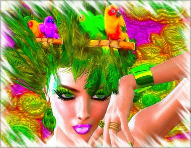 Renkli tüyler, kuş ve çiçek desenleri ile güzel bir kadının yüzüne bu modern dijital sanat görünüm oluşturmak.