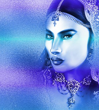 Asyalı kadının yüzüne, güzel bir mavi soyut etkisi ile yakın. Modern dijital sanat yaratma.