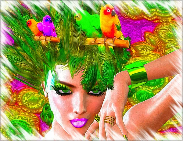 Plumes colorées, oiseaux et motifs floraux avec le visage d'une belle femme créent ce look d'art numérique moderne . — Photo