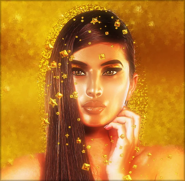 Gold glitter and foil fall around this girl with long brunette hair in this beautiful, unique, digital art creation. — Stock Photo, Image