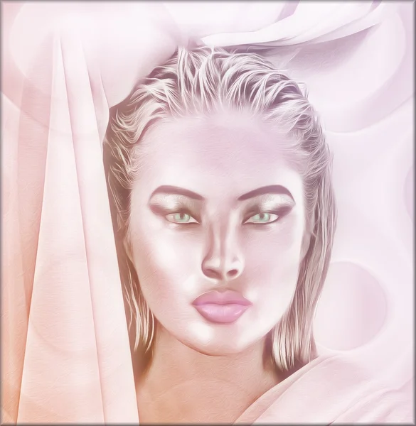 Close up face of a woman with beautiful cosmetics. This blonde girl is set on a pink abstract background that shows off her healthy and glowing skin. — Stock Photo, Image