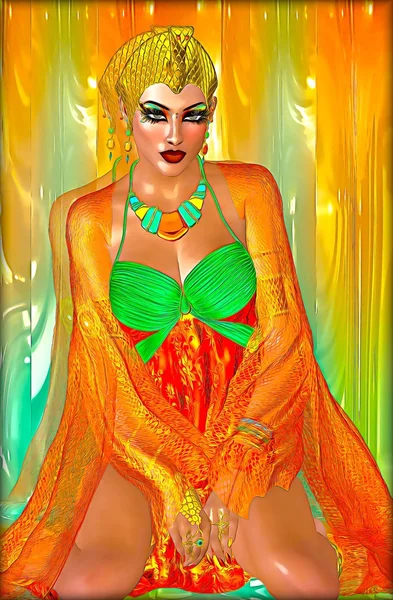 Egyptian princess in orange silks and emerald green with beautiful fashion cosmetics, make up and gold crown. — Stock Photo, Image