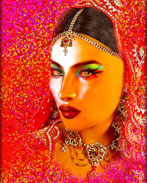 Art numérique abstrait du visage de la femme indienne ou asiatique, en gros plan avec un voile coloré. Un effet peinture à l'huile et des lumières éclatantes sont ajoutés pour un look et une sensation d'art plus moderne à cette scène de beauté et de mode . — Photo