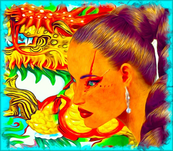 Asiatin mit farbenfrohem abstrakten Drachenhintergrund. — Stockfoto