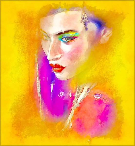 Kızılderili ya da Asyalı kadının yüzüne dijital sanat abstract, renkli peçe ile yakın çekim. — Stok fotoğraf