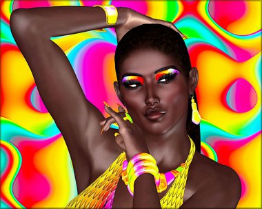 Beautiful black woman with colorful abstract background, all a modern digital art creation. clipart