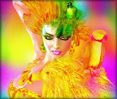 Papağan yeşil ve sarı tüylü seksi kadının omuzlarında. Modern, soyut güzellik ve moda sahne.