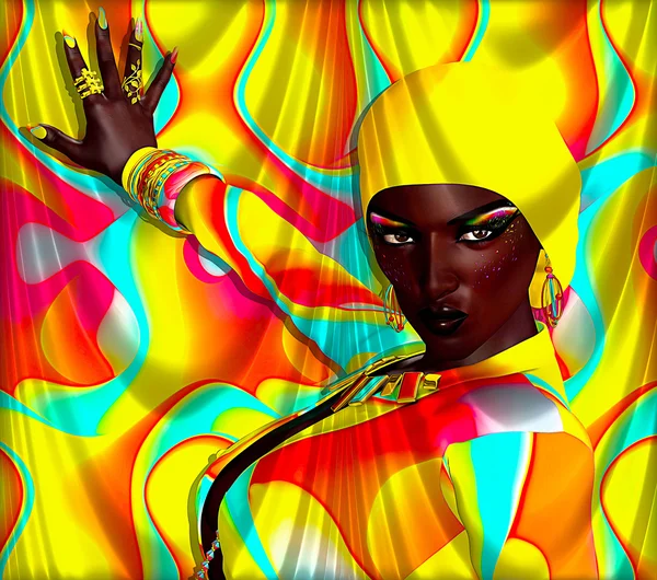 Renkli bir arka plan ile eşleşen bu güzel Afrika 3d model makyaj, giyim ve aksesuarları.