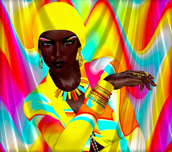 Belleza colorida y escena de arte digital de moda con modelo africano posando sobre un fondo abstracto brillante . — Foto de Stock