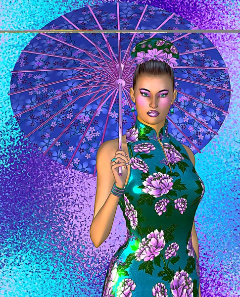 Asiatische Frau mit Regenschirm, rosa Blumen, blauem und lila abstrakten Hintergrund. moderne digitale Kunst. — Stockfoto