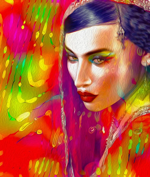 Abstract digital art of Indian or Asian woman's face, close up with colorful veil. An oil paint effect and glowing lights are added for a more modern art look and feel to this beauty and fashion scene. — Stock Photo, Image
