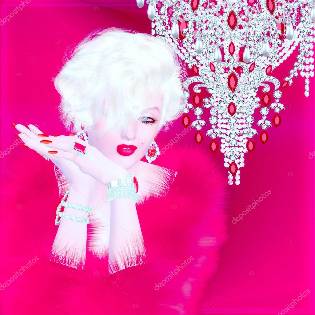 Blonde bombshell on red and pink abstract background.