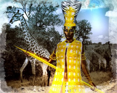 African princess in our digital art style with giraffes in the background. Her golden spear and headdress speak of her power and wealth.
